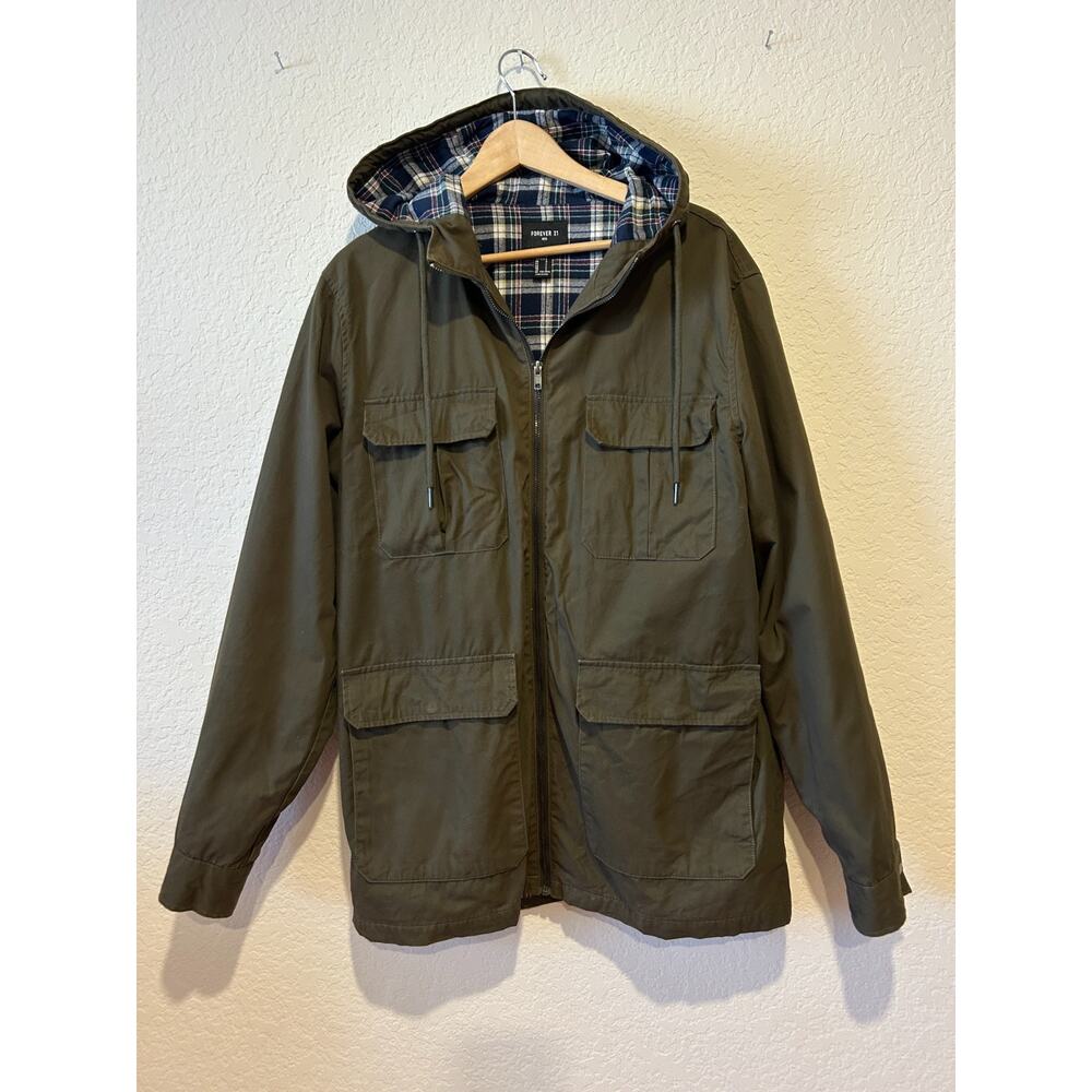 Forever 21 Flannel Lined‎ Canvas Chore Jacket Sz L Trucker Green Hood Outdoor